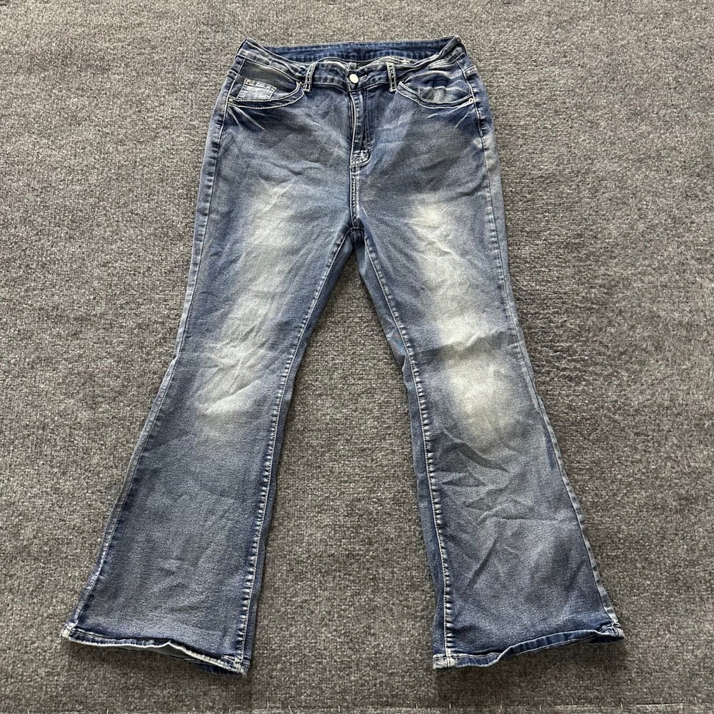 Romwe Jeans Womens Size 1XL Blue Flare Bootcut Embellished Pocket Stretch Y2K
